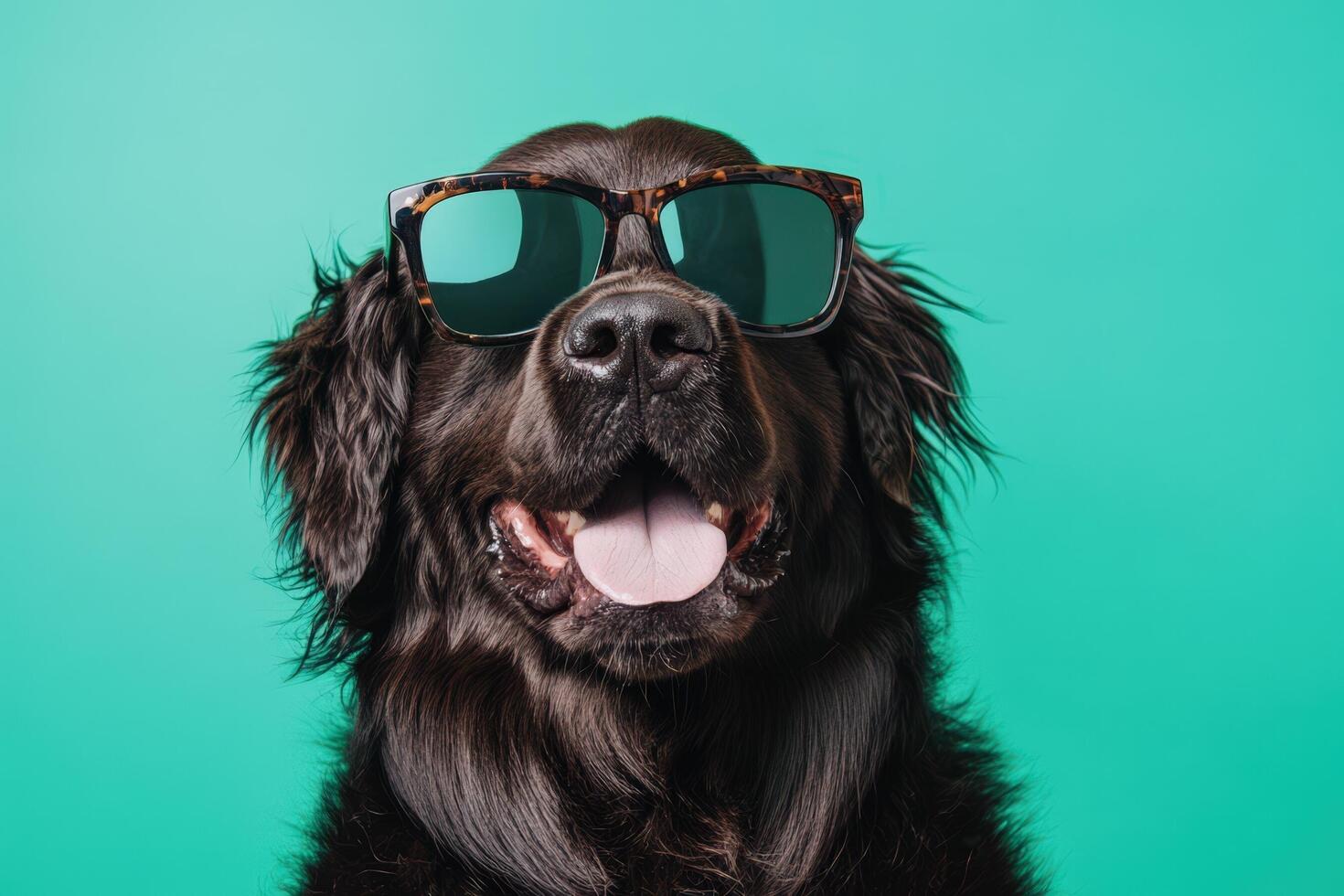 A dog wearing sunglasses on a green background photo