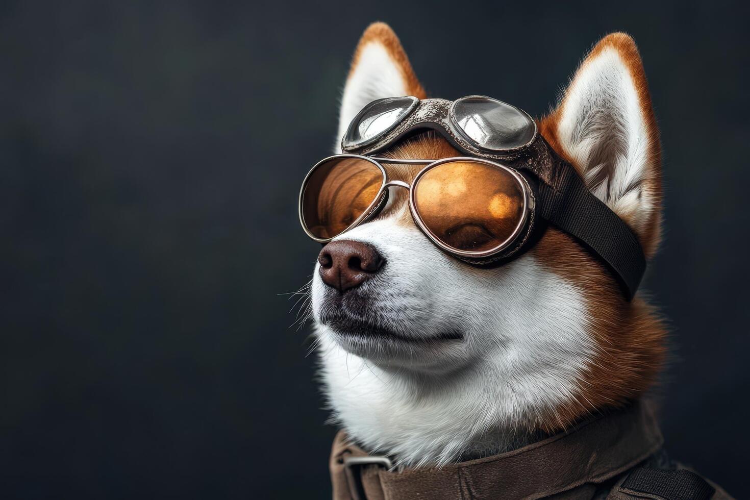 A dog wearing goggles and a leather jacket photo