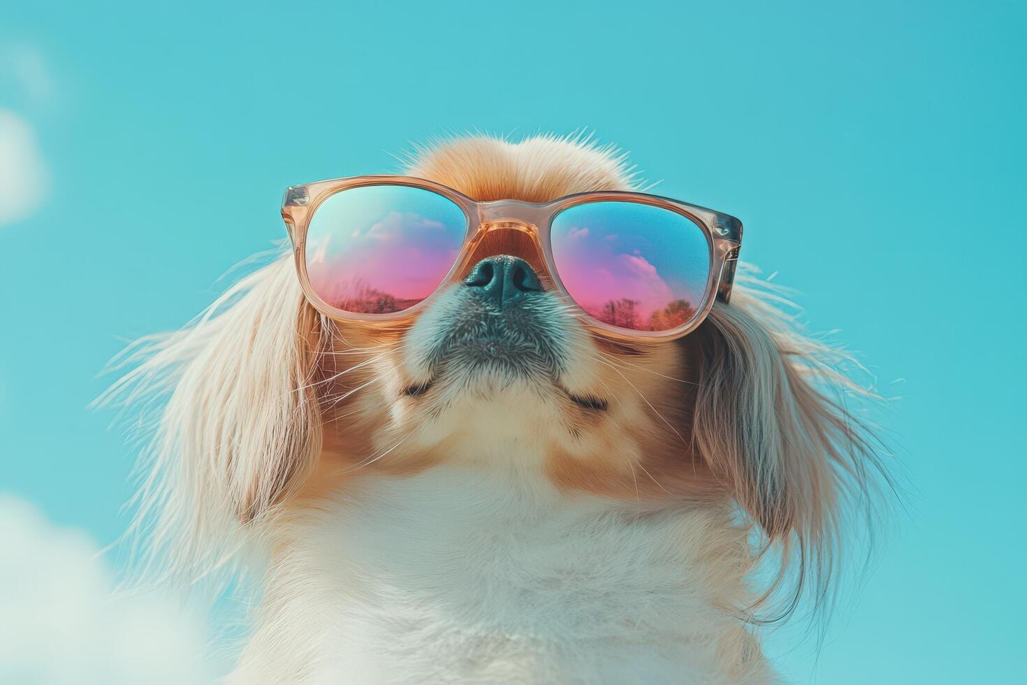 A dog wearing sunglasses in front of a blue sky photo