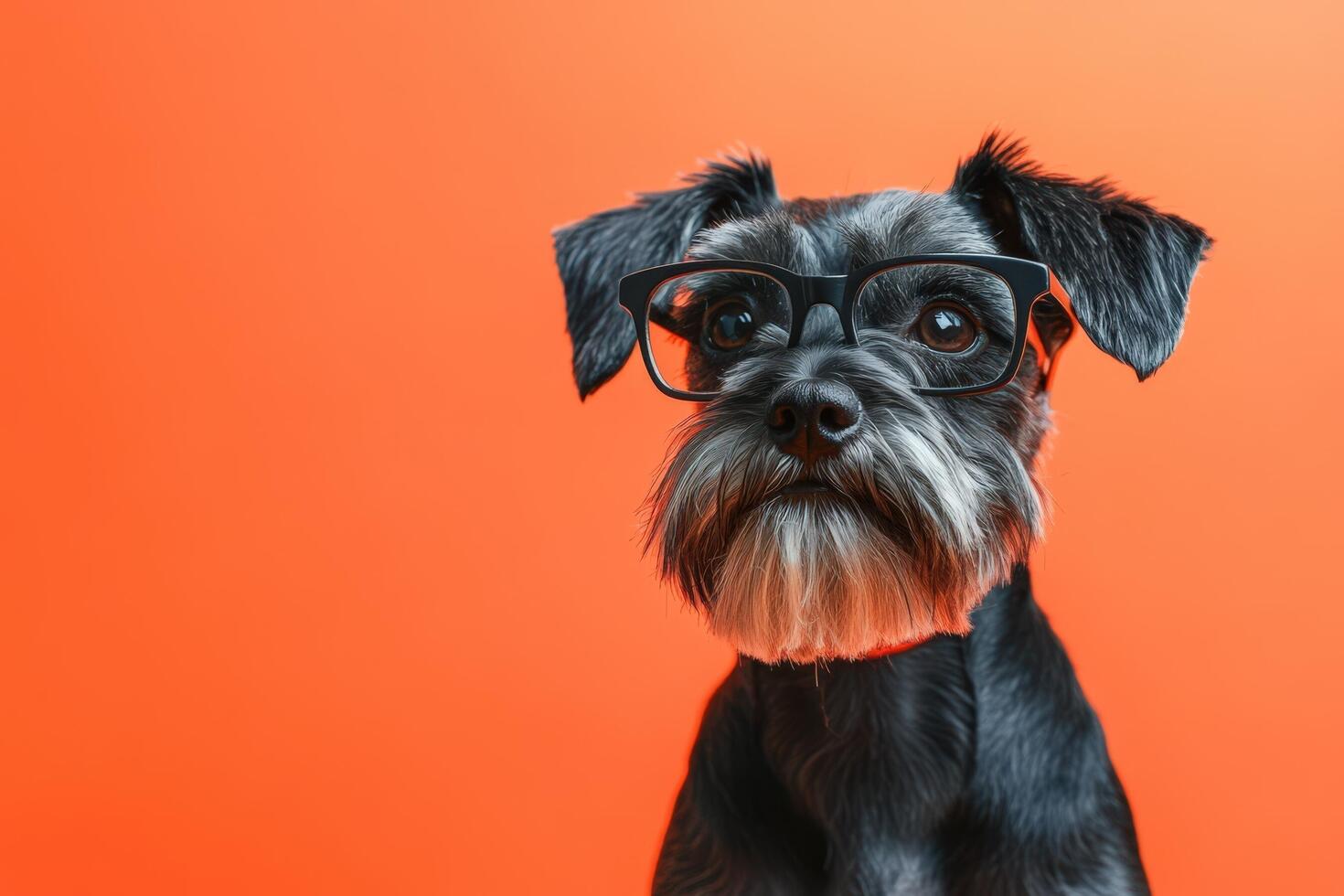A black dog wearing glasses on an orange background photo