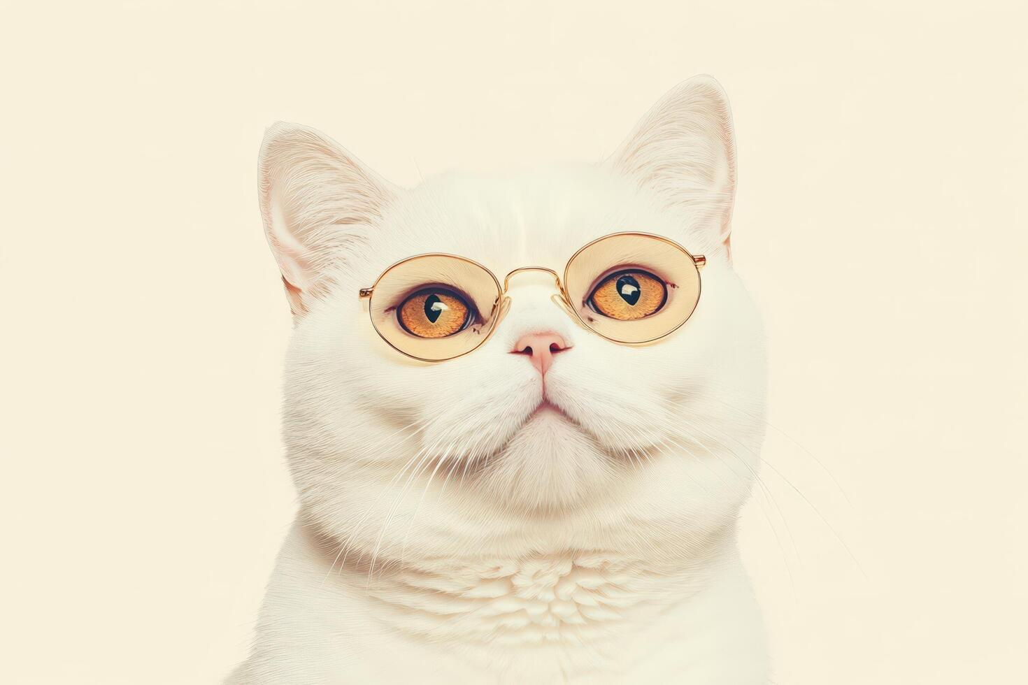 A white cat wearing glasses on a beige background photo
