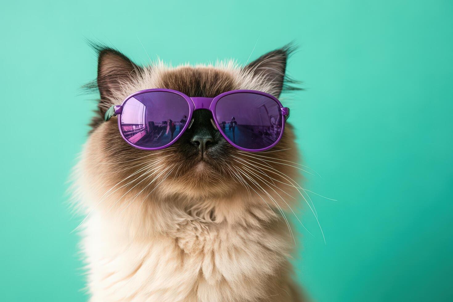 A cat wearing purple sunglasses on a green background photo