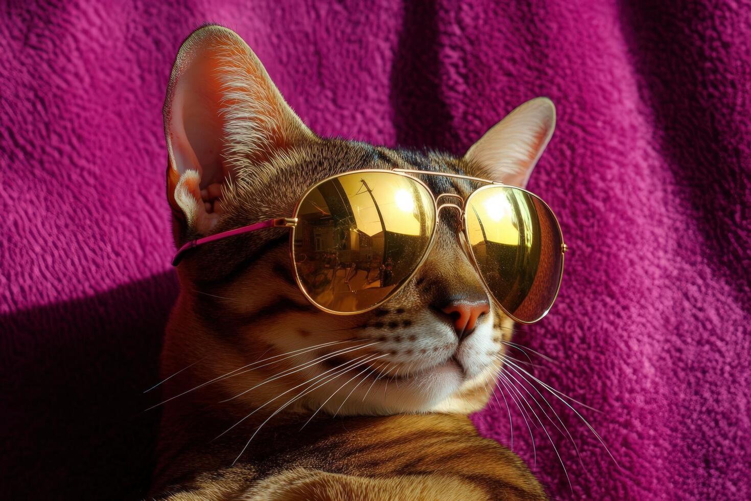 A cat wearing sunglasses on a purple blanket photo