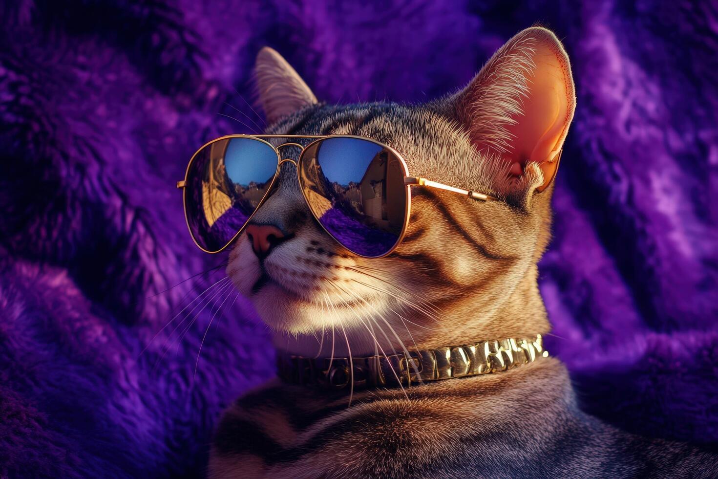 A cat wearing sunglasses on a purple background photo