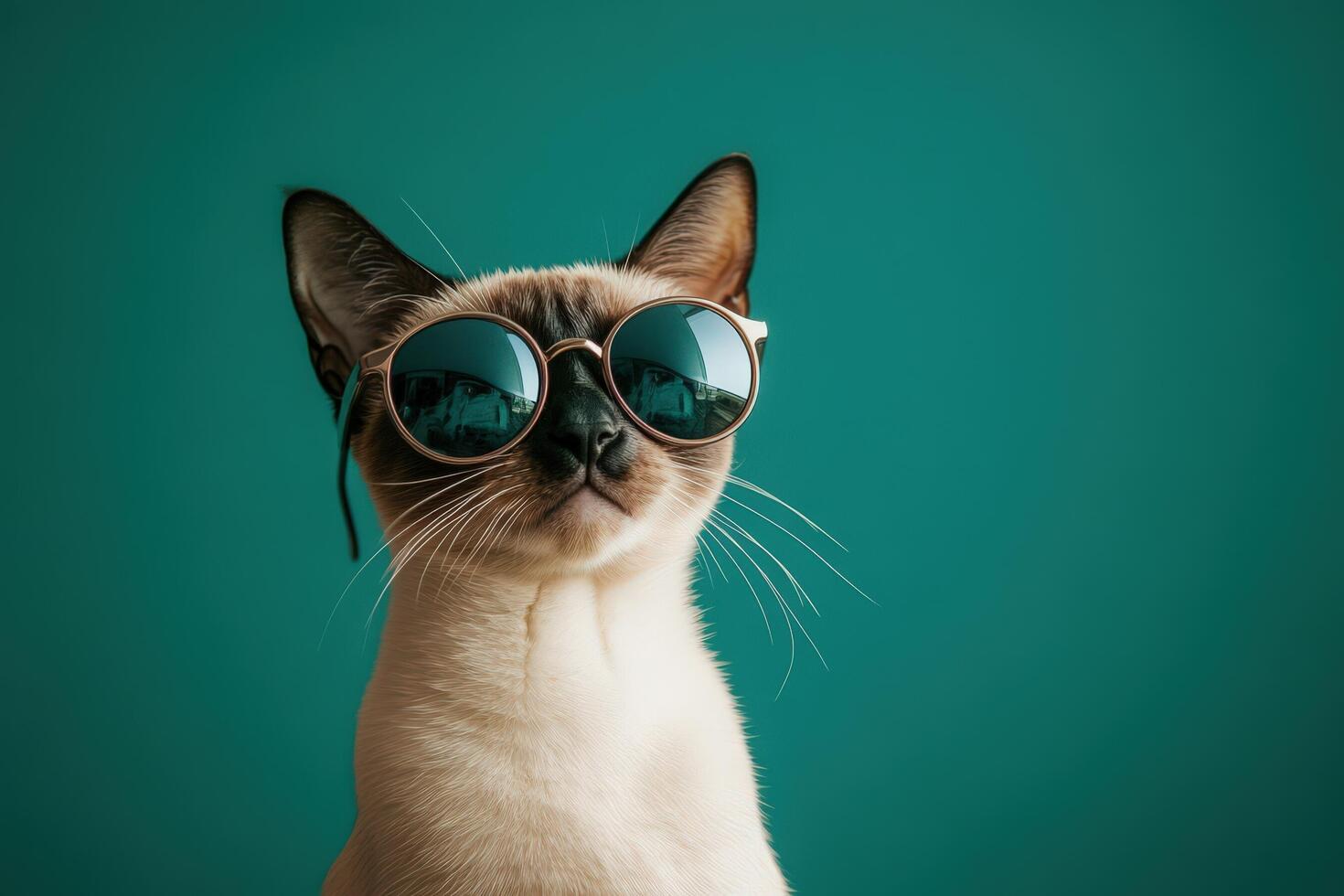 A siamese cat wearing sunglasses on a green background photo