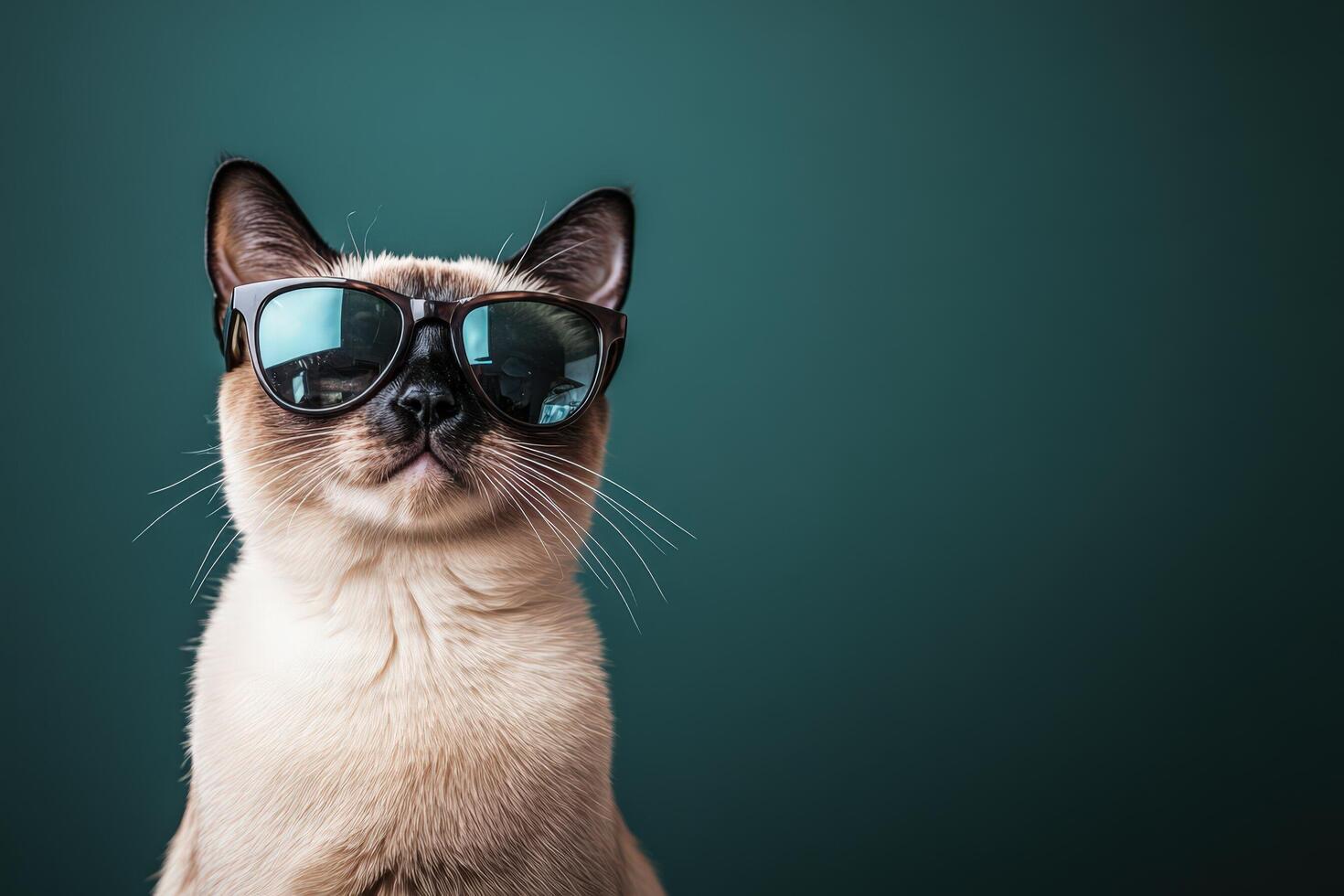 A siamese cat wearing sunglasses on a green background photo