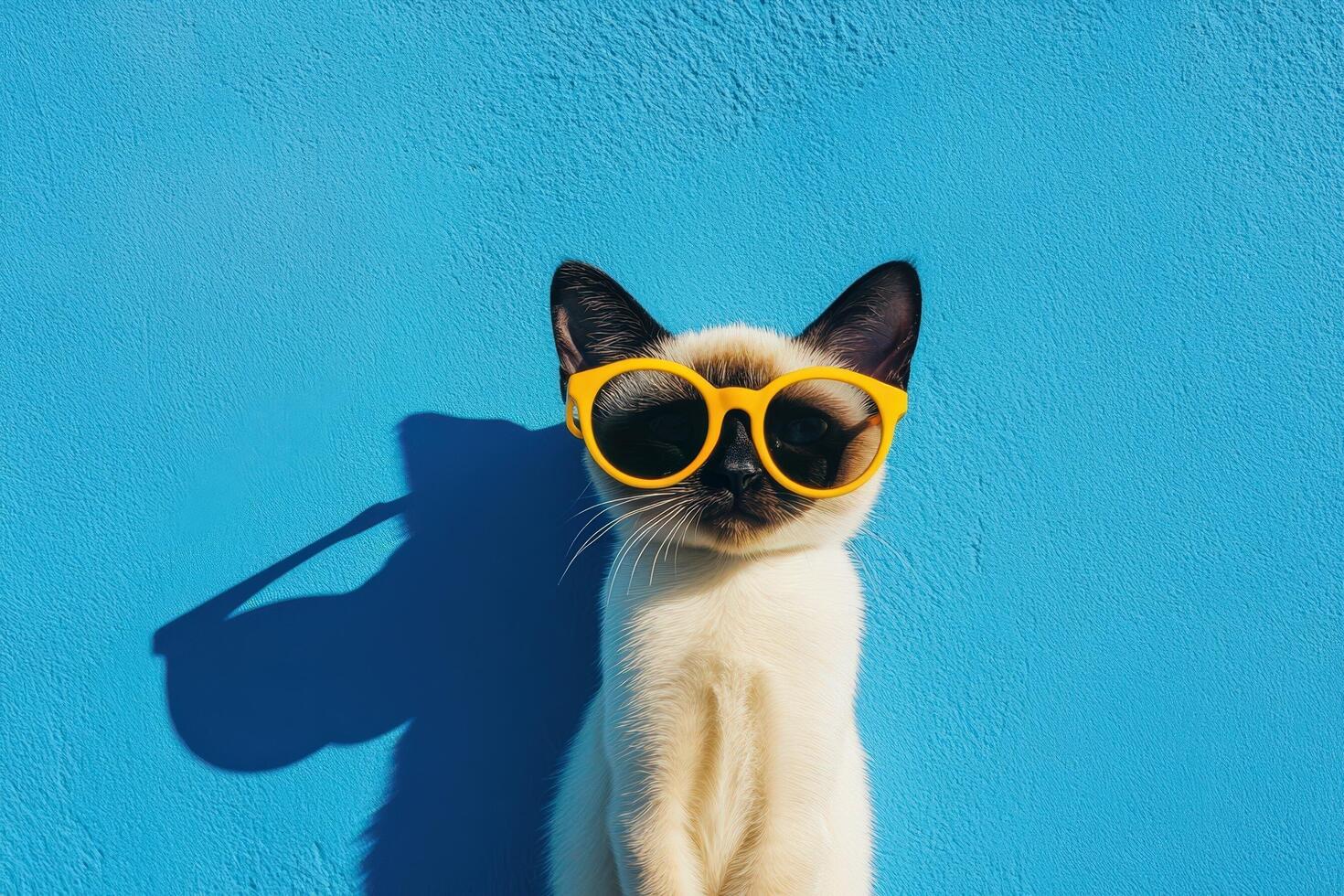 A siamese cat wearing sunglasses against a blue wall photo