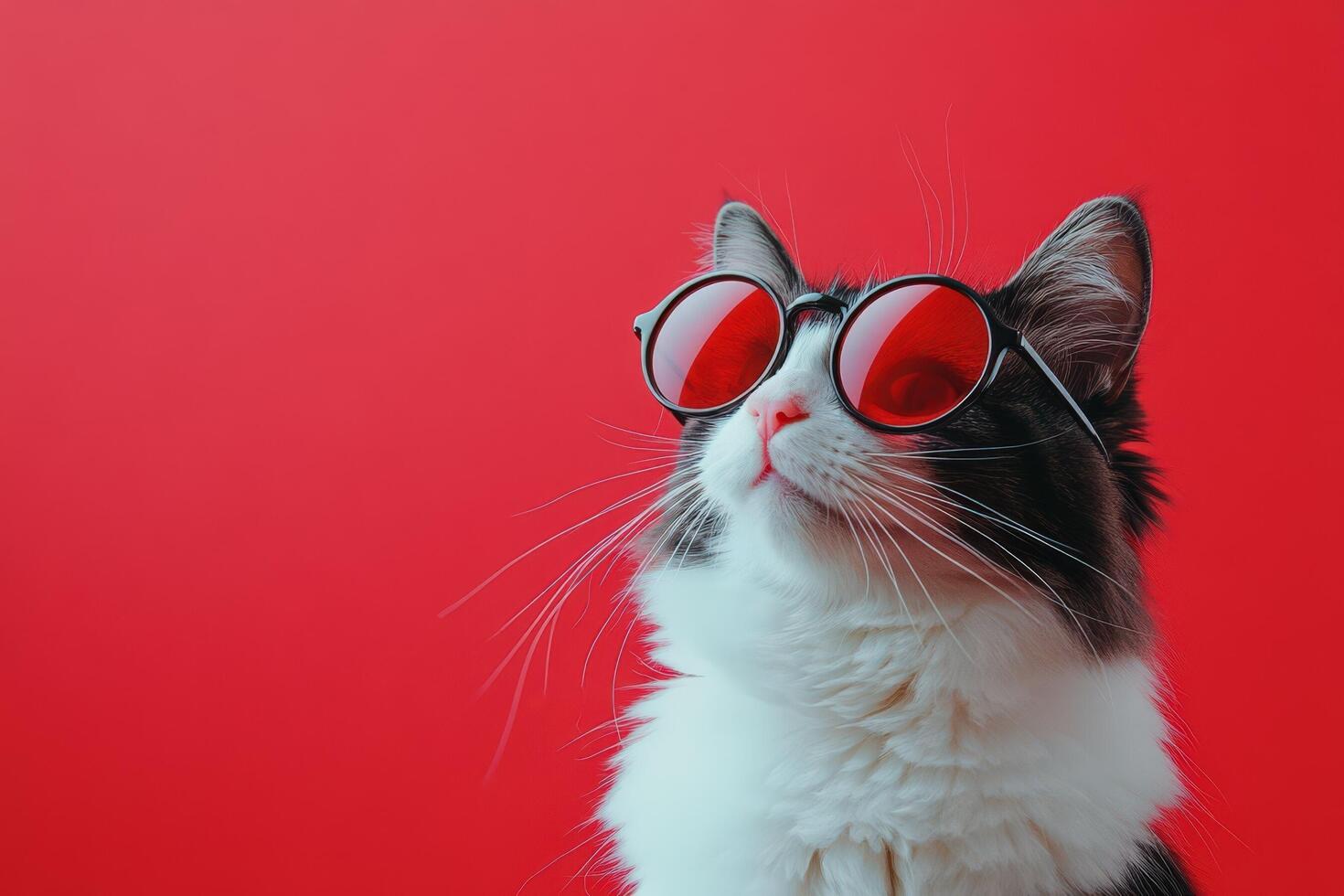 A cat wearing red sunglasses on a red background photo