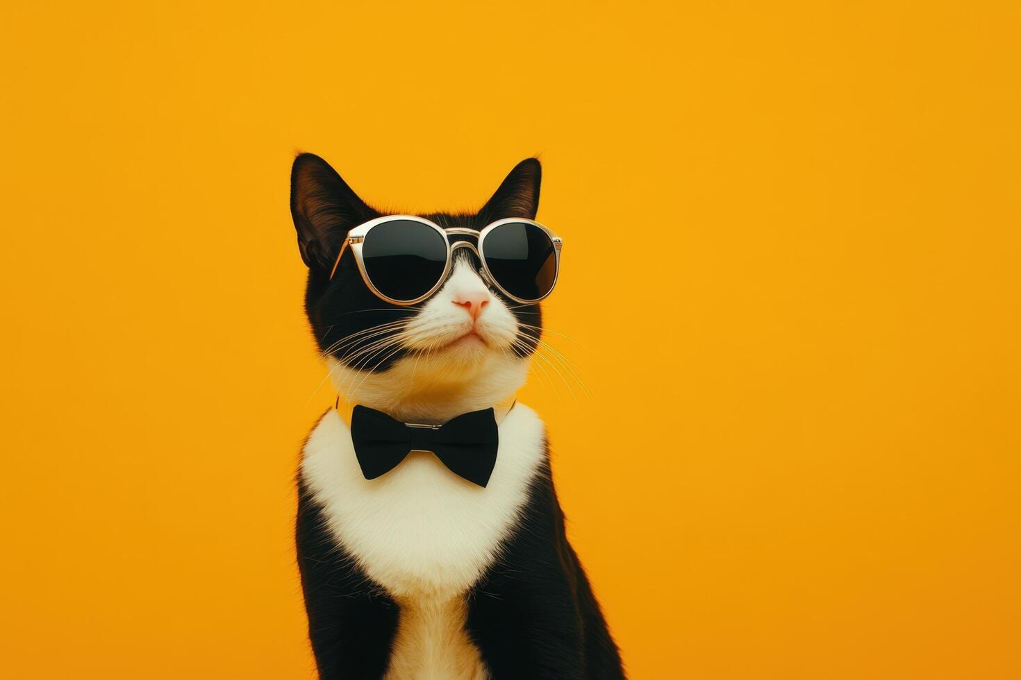 Funny cat wearing sunglasses and bow tie on yellow background photo
