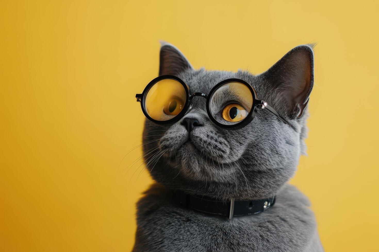 A cat wearing glasses on a yellow background photo