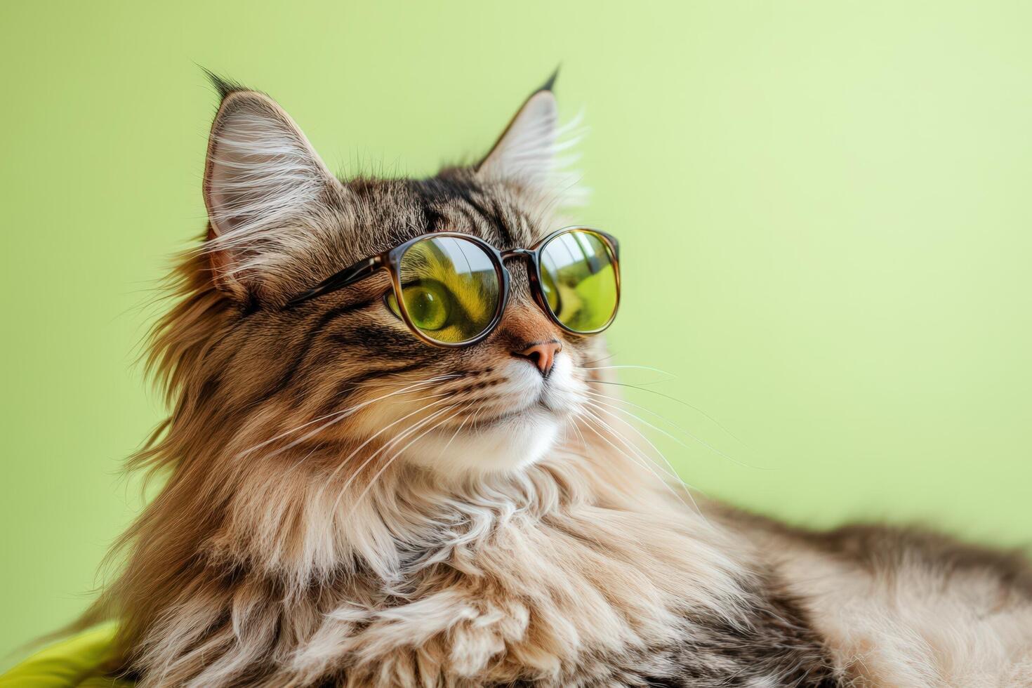 A cat wearing sunglasses on a green background photo