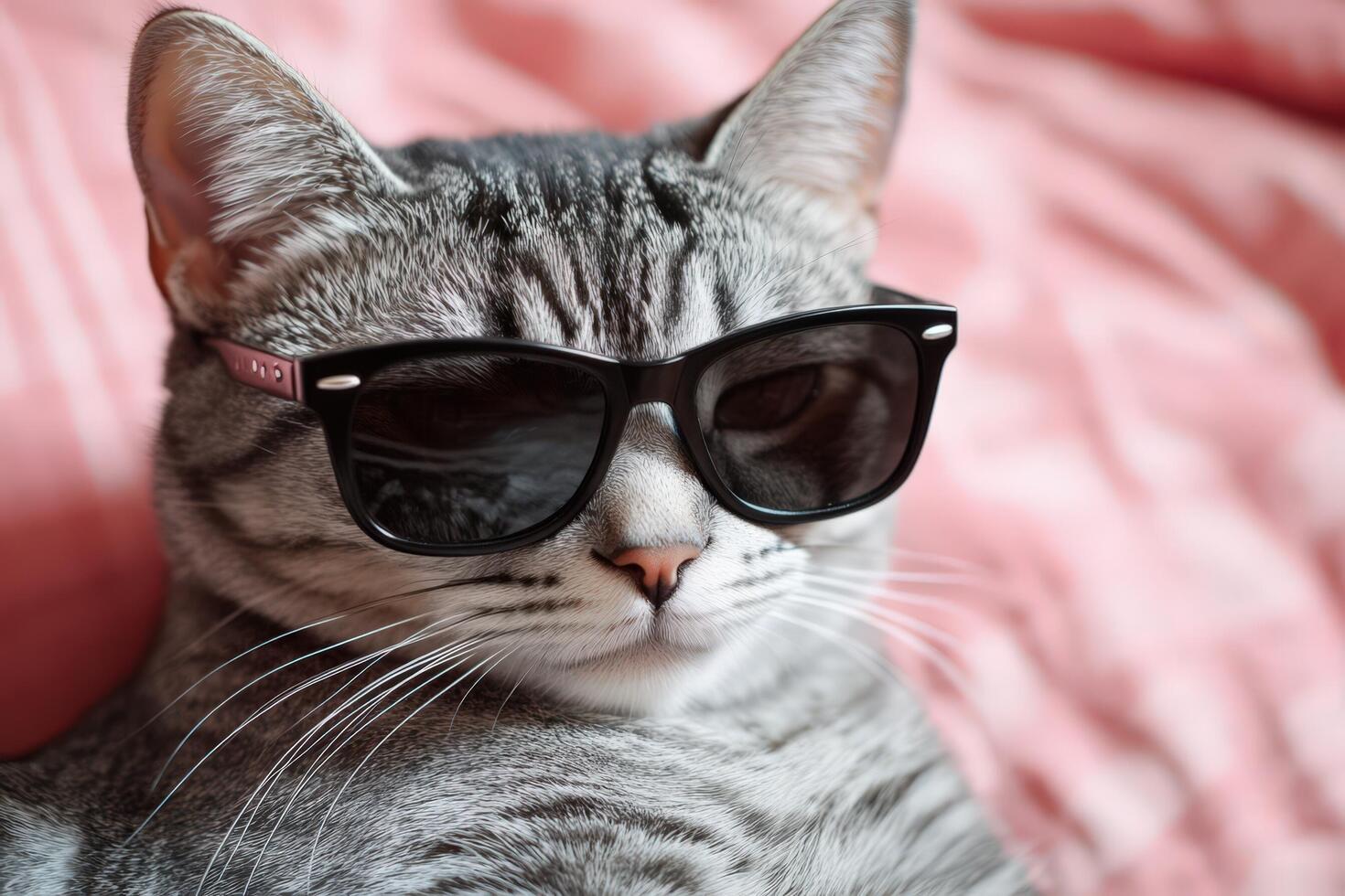 A cat wearing sunglasses on a bed photo