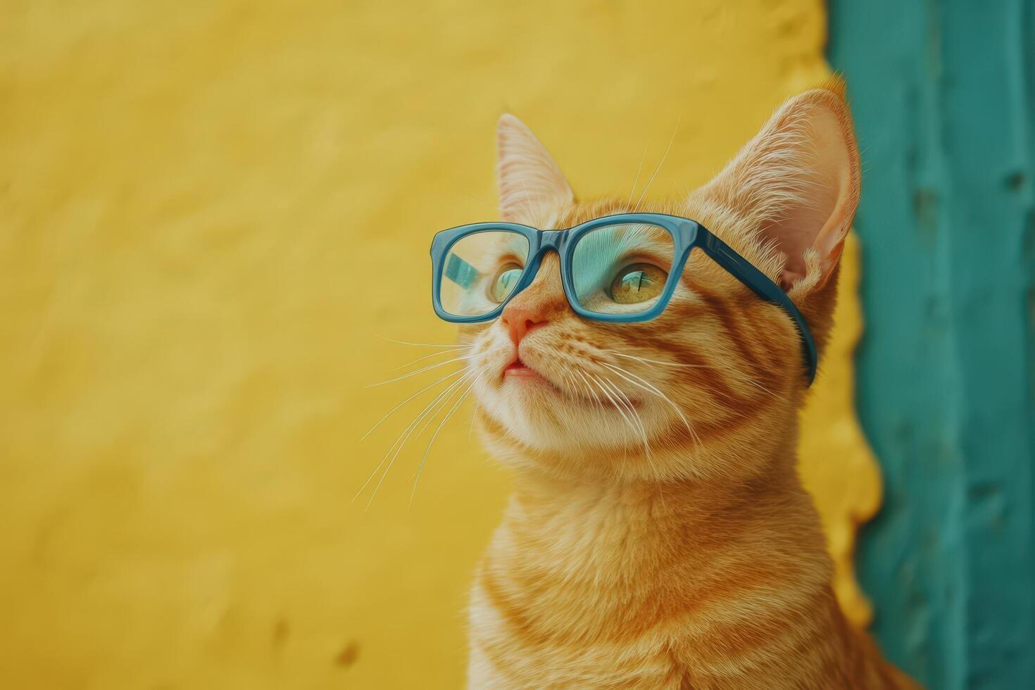 A cat wearing glasses looking up at something photo
