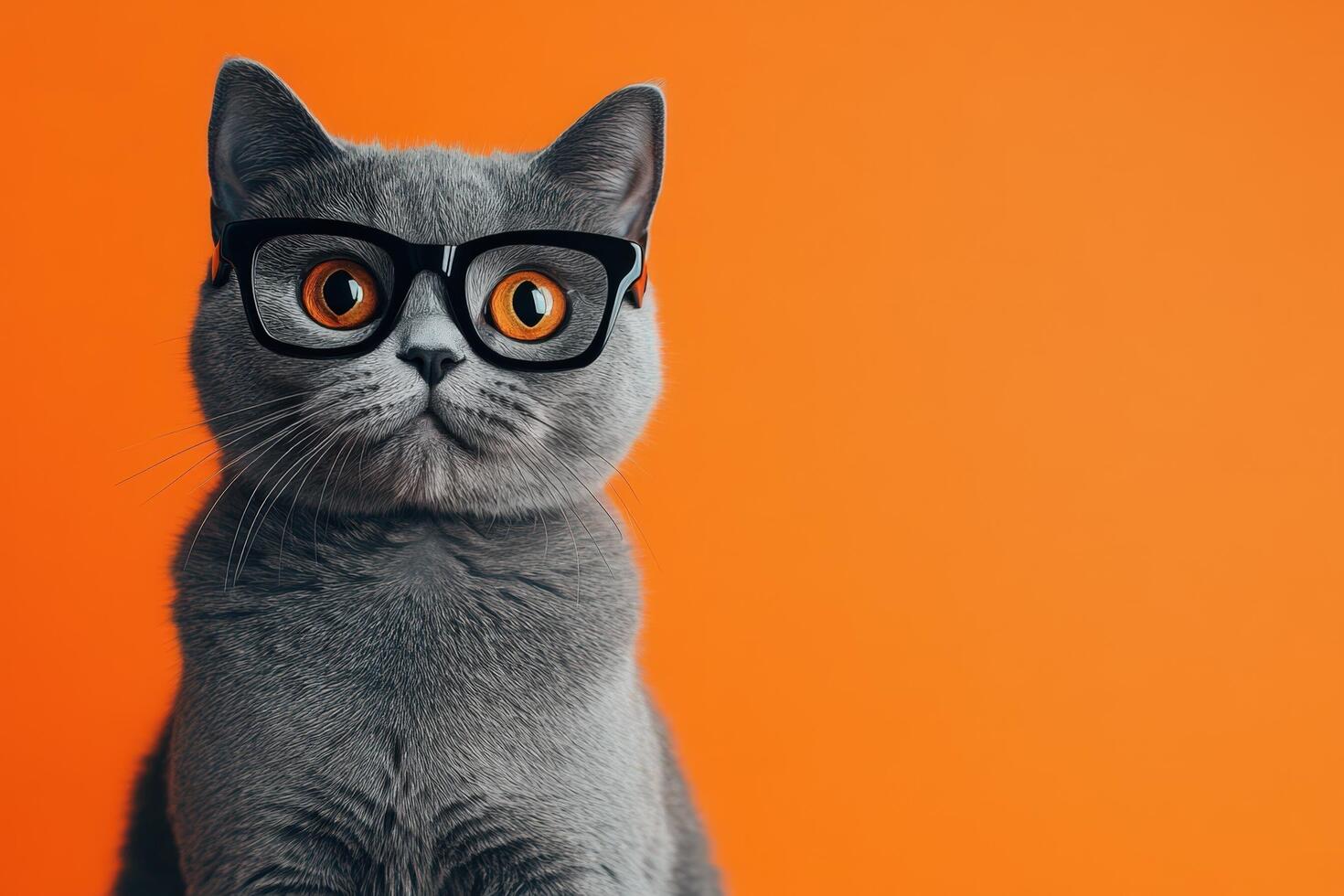 A cat wearing glasses on an orange background photo
