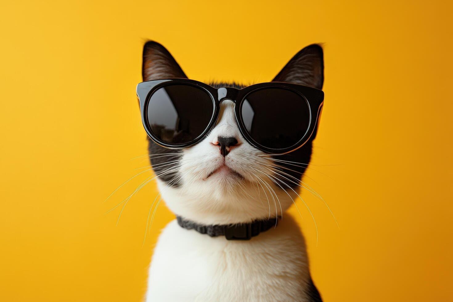 A cat wearing sunglasses on a yellow background photo