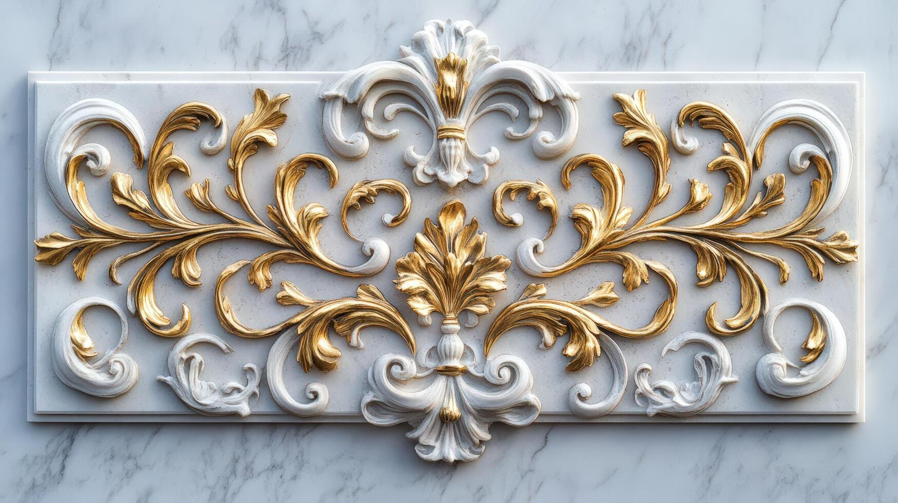 A marble plaque with gold and white designs photo