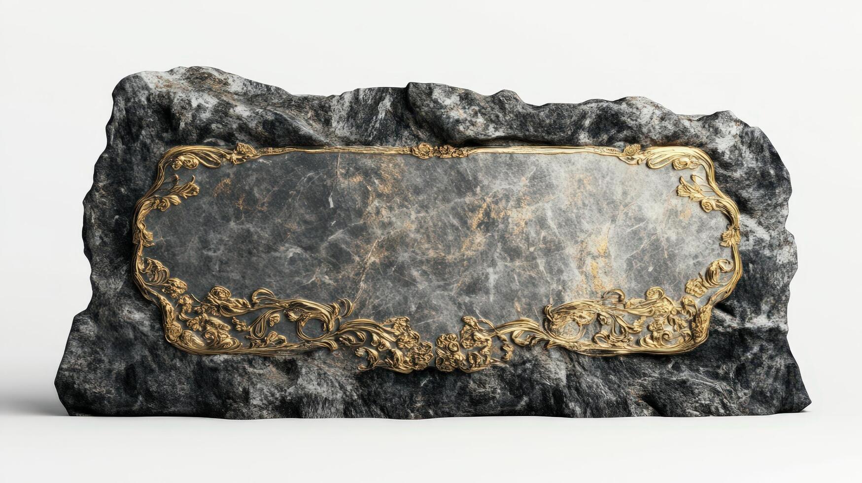 A large stone with a gold plaque on it photo