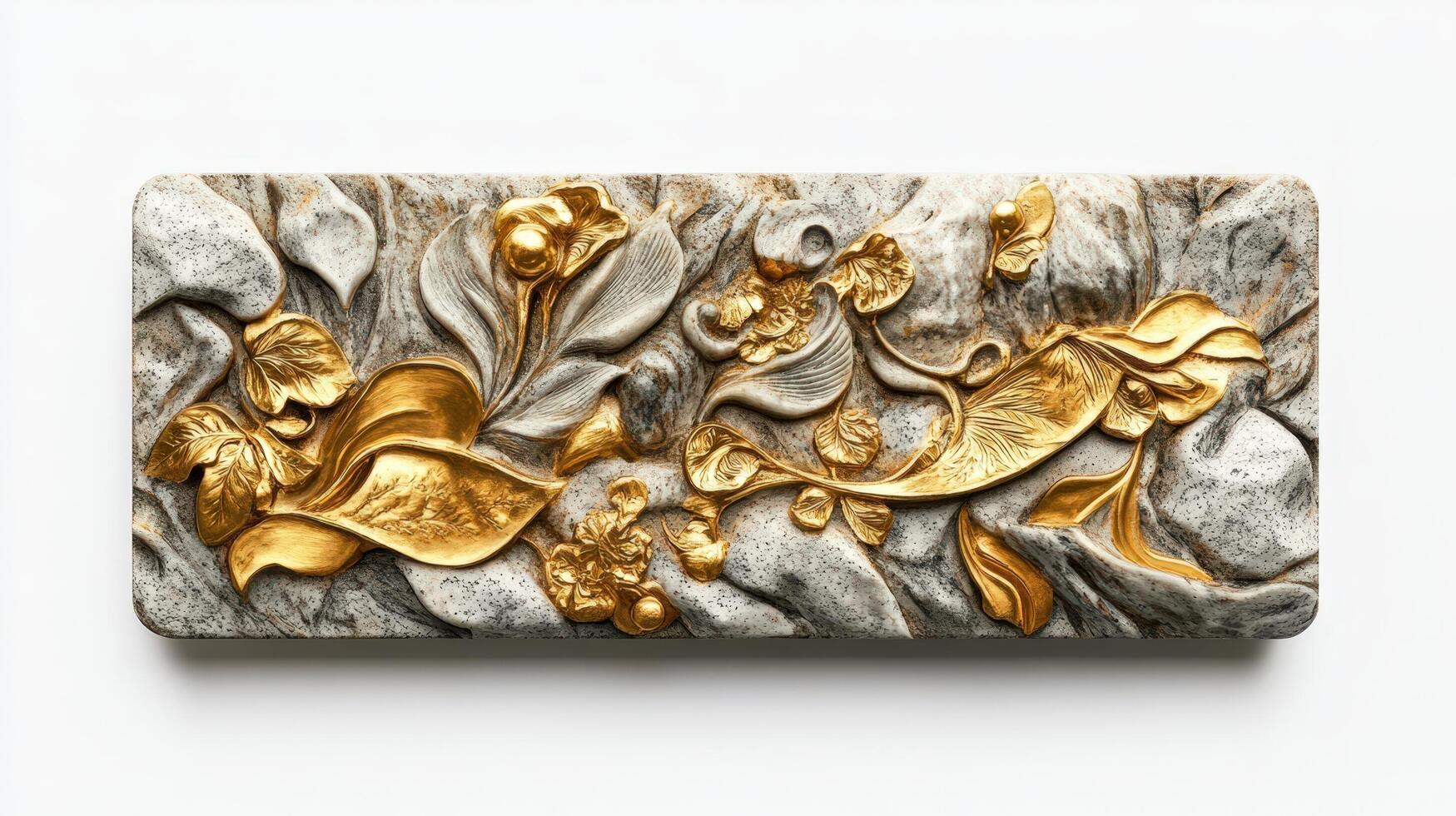 A gold and white marble plaque with flowers photo