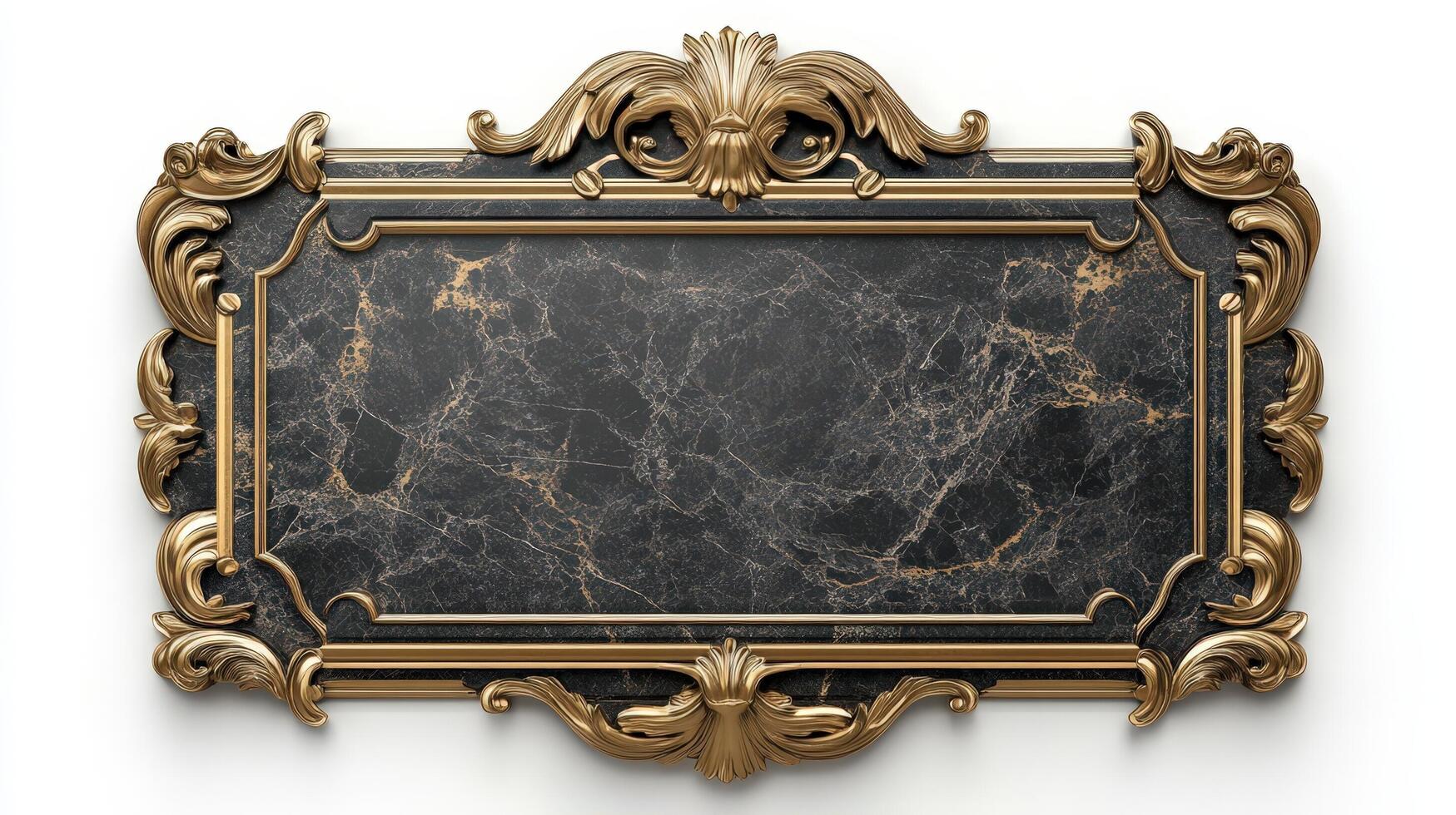 An ornate black marble frame with gold trim photo