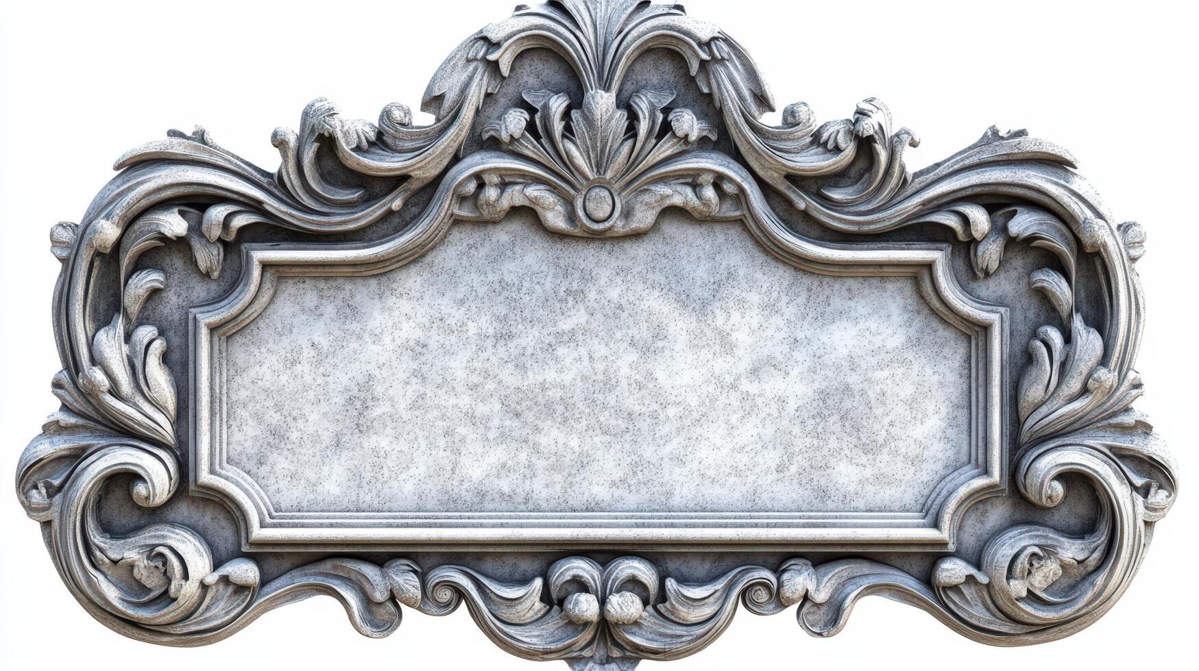 An ornate silver frame with a white background photo