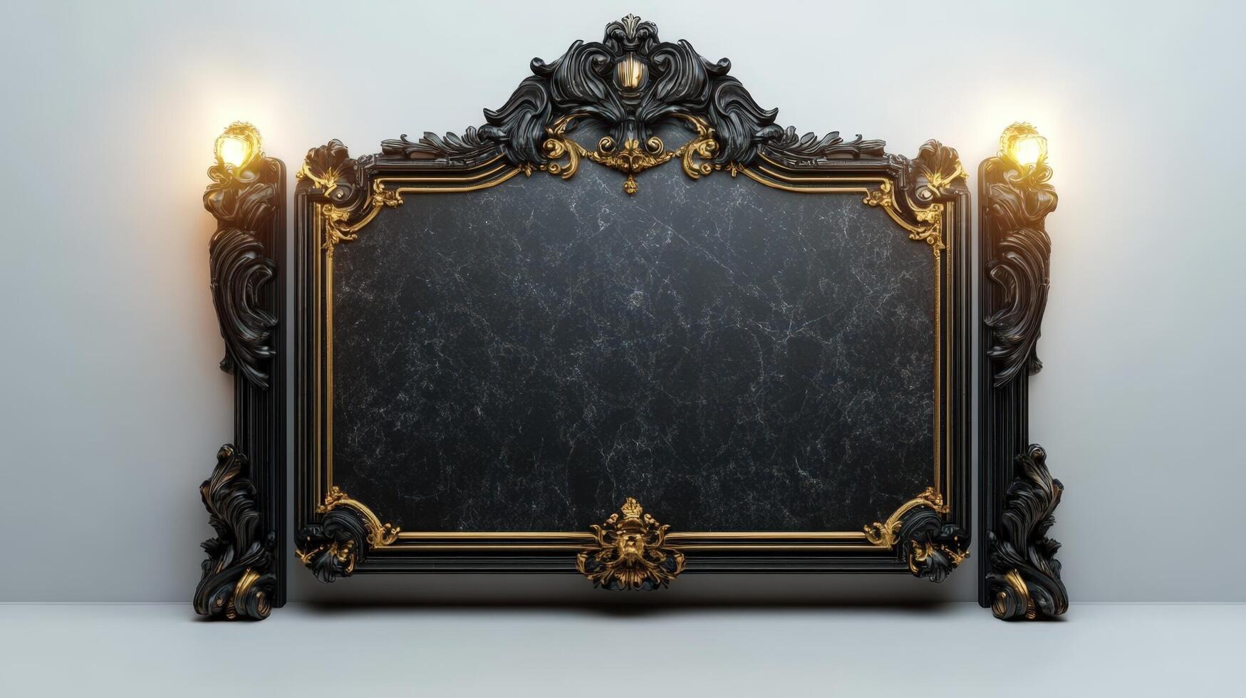 Black and gold ornate frame with two candles photo