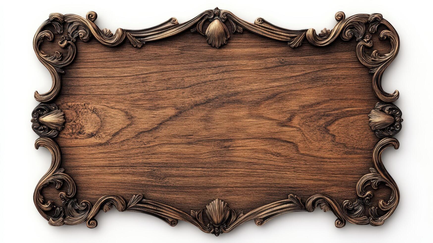 Wooden frame with ornate design on white background photo