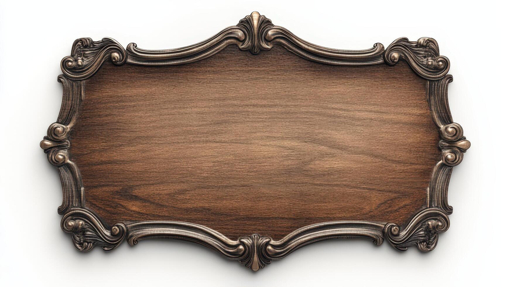 Wooden frame with ornate design on white background photo