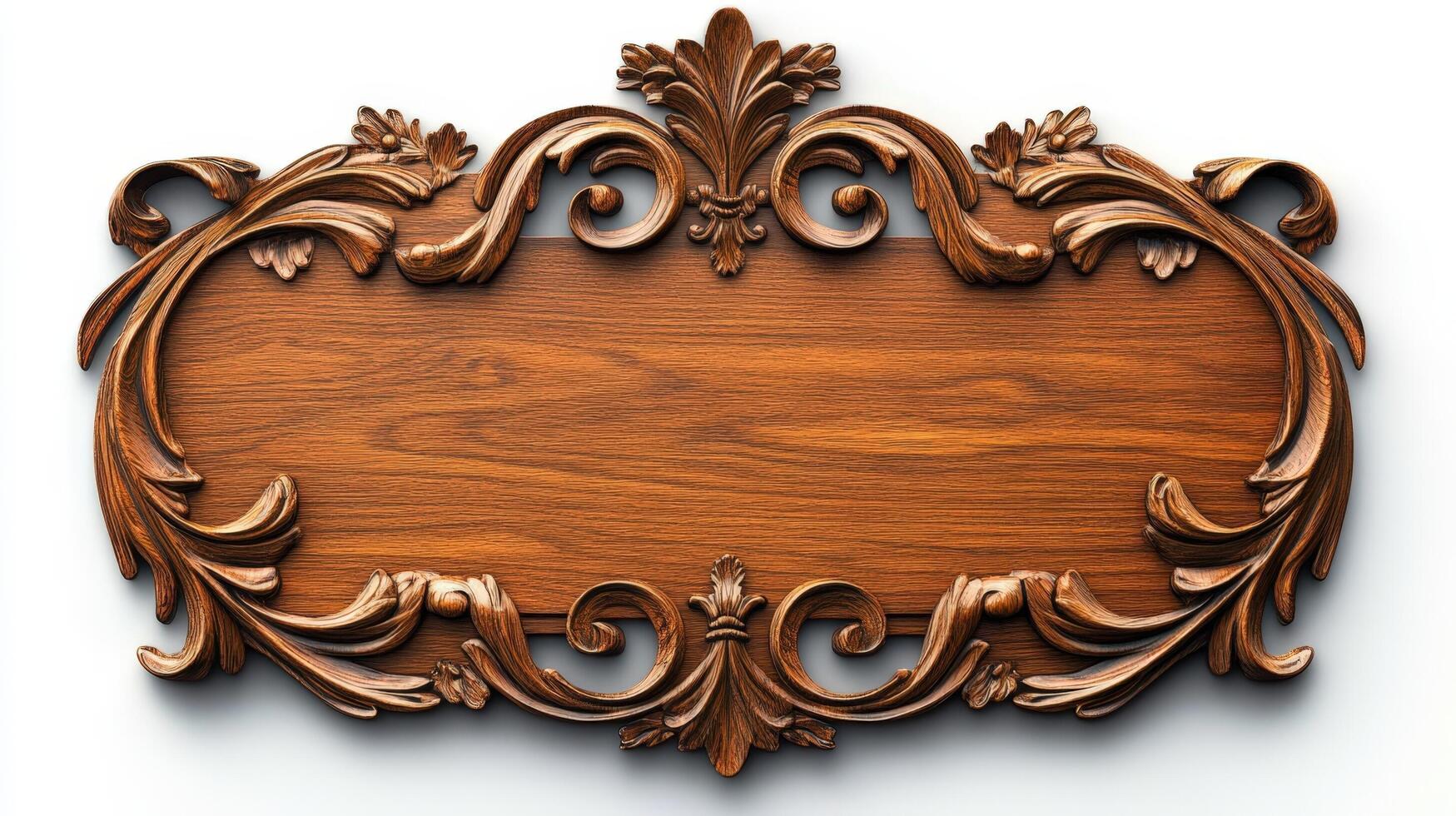 Wooden frame with scrollwork on white background photo