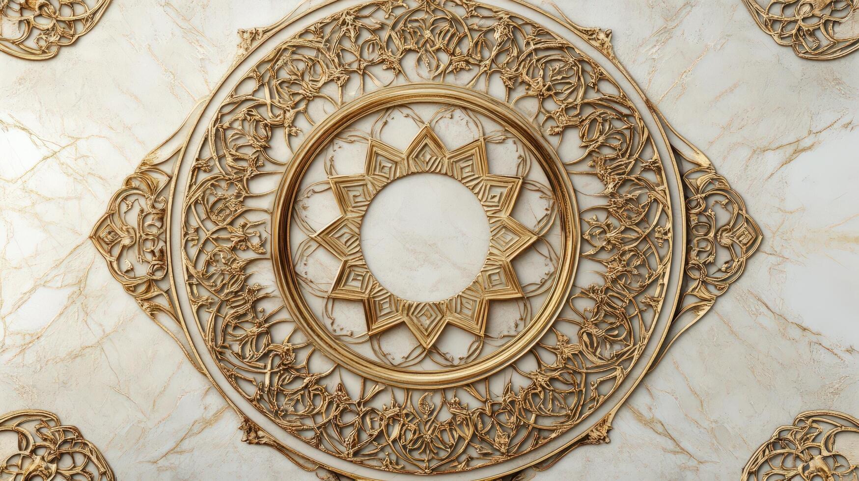 Golden ornate design on a marble wall photo