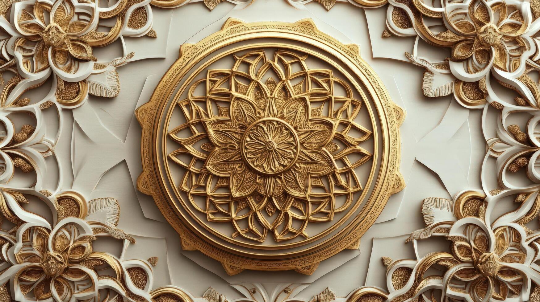 Golden ornate ornament on a white wall photo