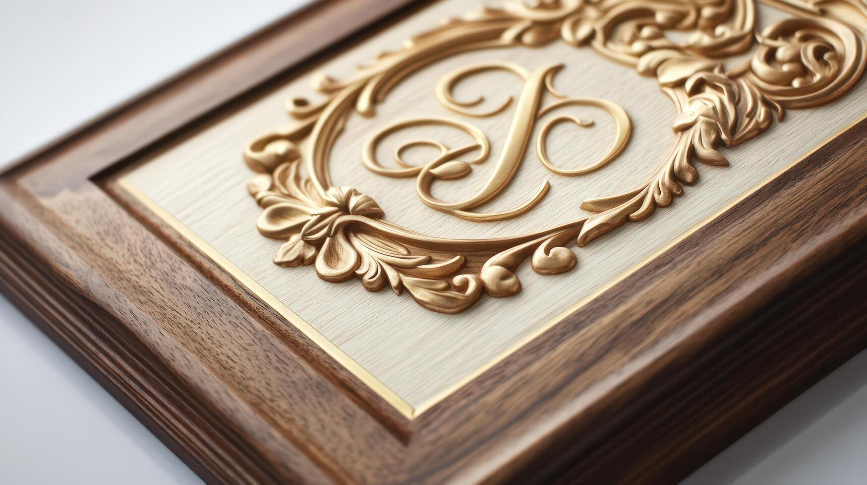 A wooden plaque with a gold and white monogram photo
