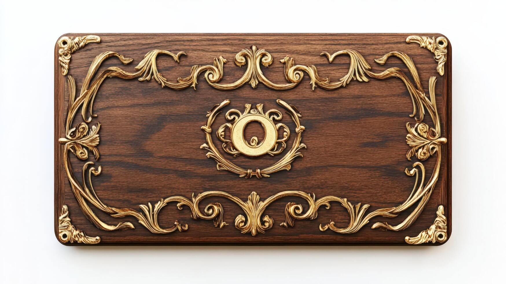 A wooden box with gold lettering and ornate design photo