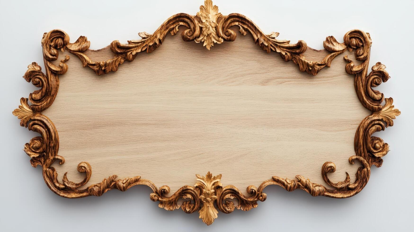 Wooden frame with gold ornament on white background photo