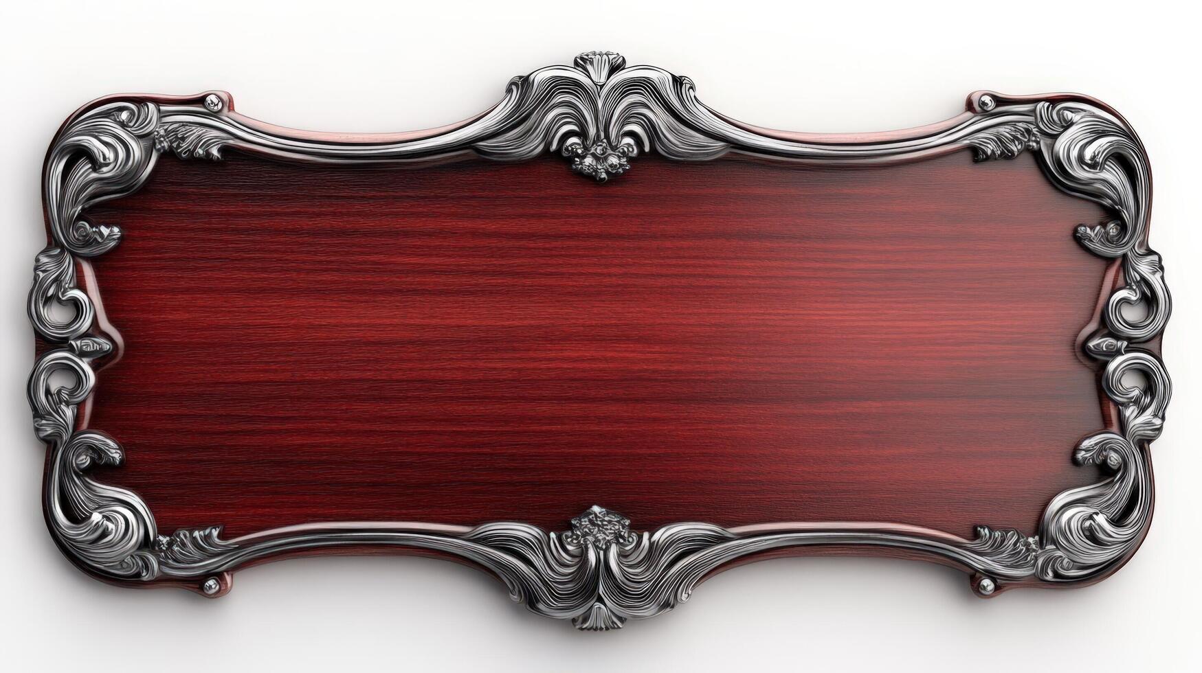 A red wooden plaque with silver trim on a white background photo