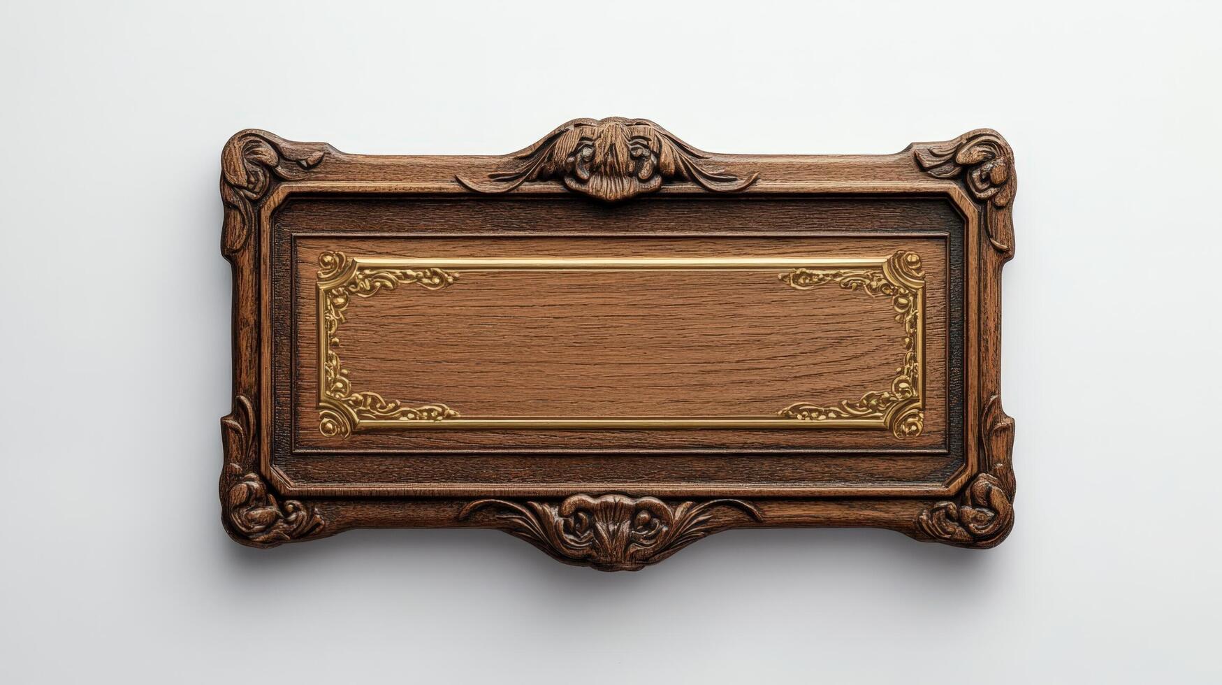 An old wooden plaque on a white wall photo