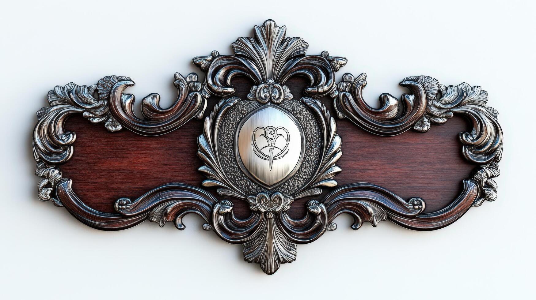 A decorative plaque with a silver medallion on it photo