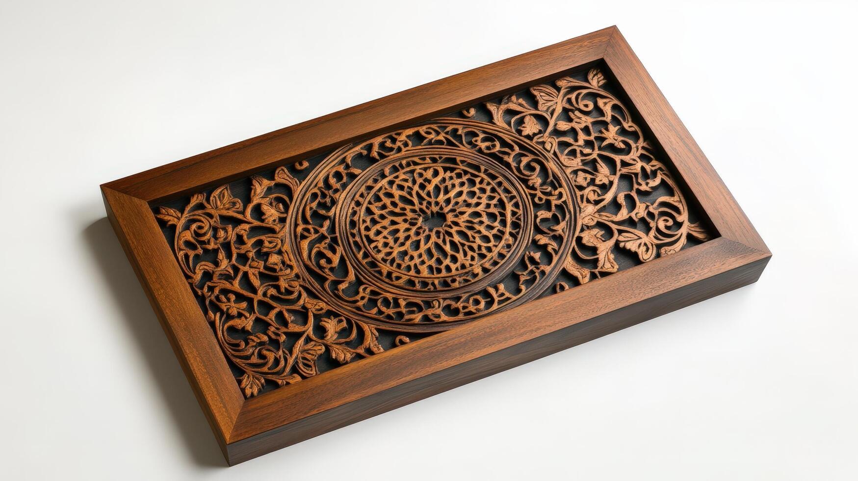 A wooden box with intricate designs on it photo