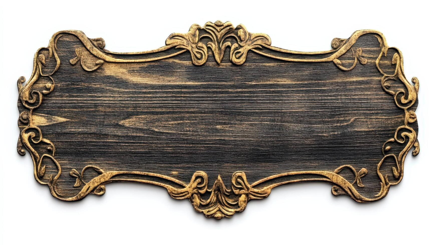 An old wooden sign with gold trim on a white background photo