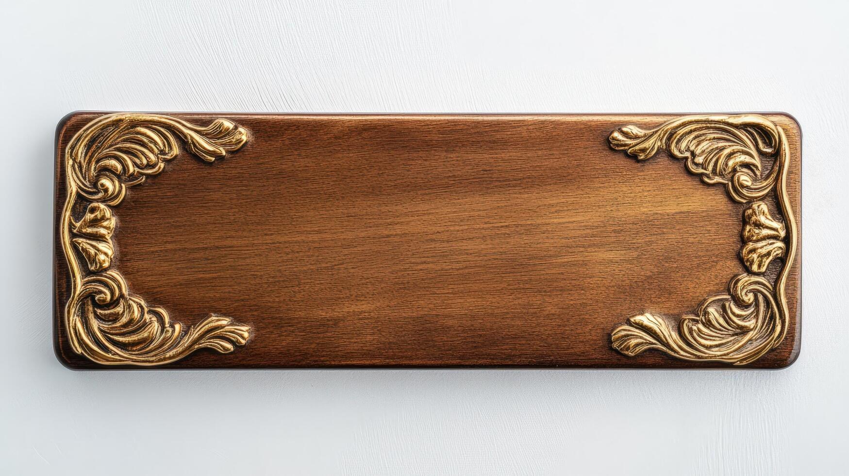 A wooden plaque with gold decorations on it photo