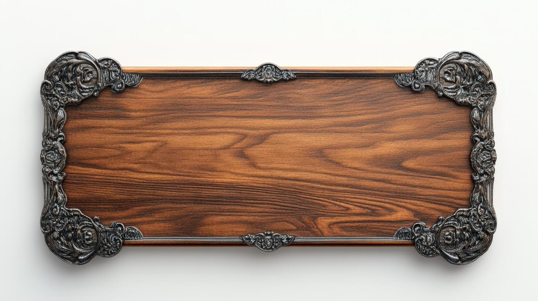 Wooden tray with ornate design on white background photo