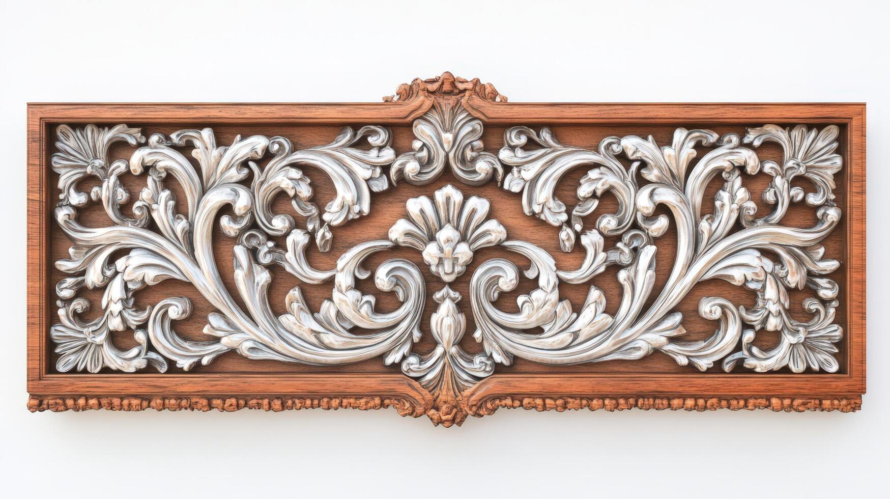 A decorative wood panel with ornate designs photo
