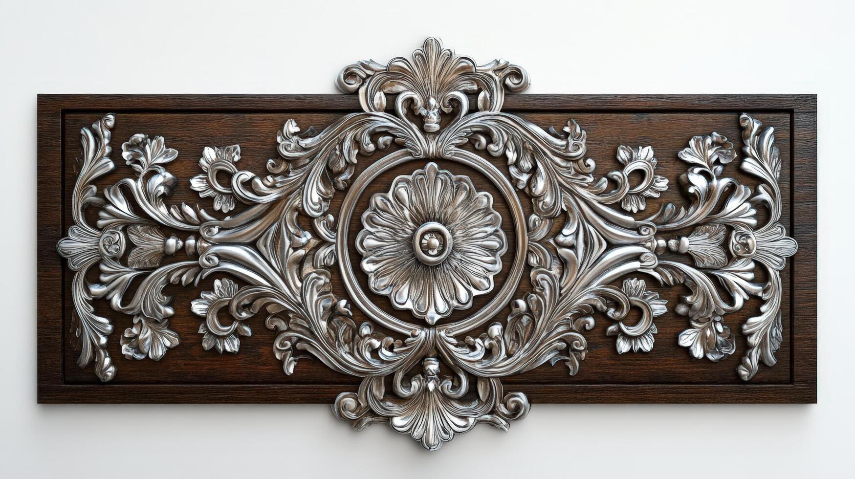 A decorative wall panel with silver and gold designs photo