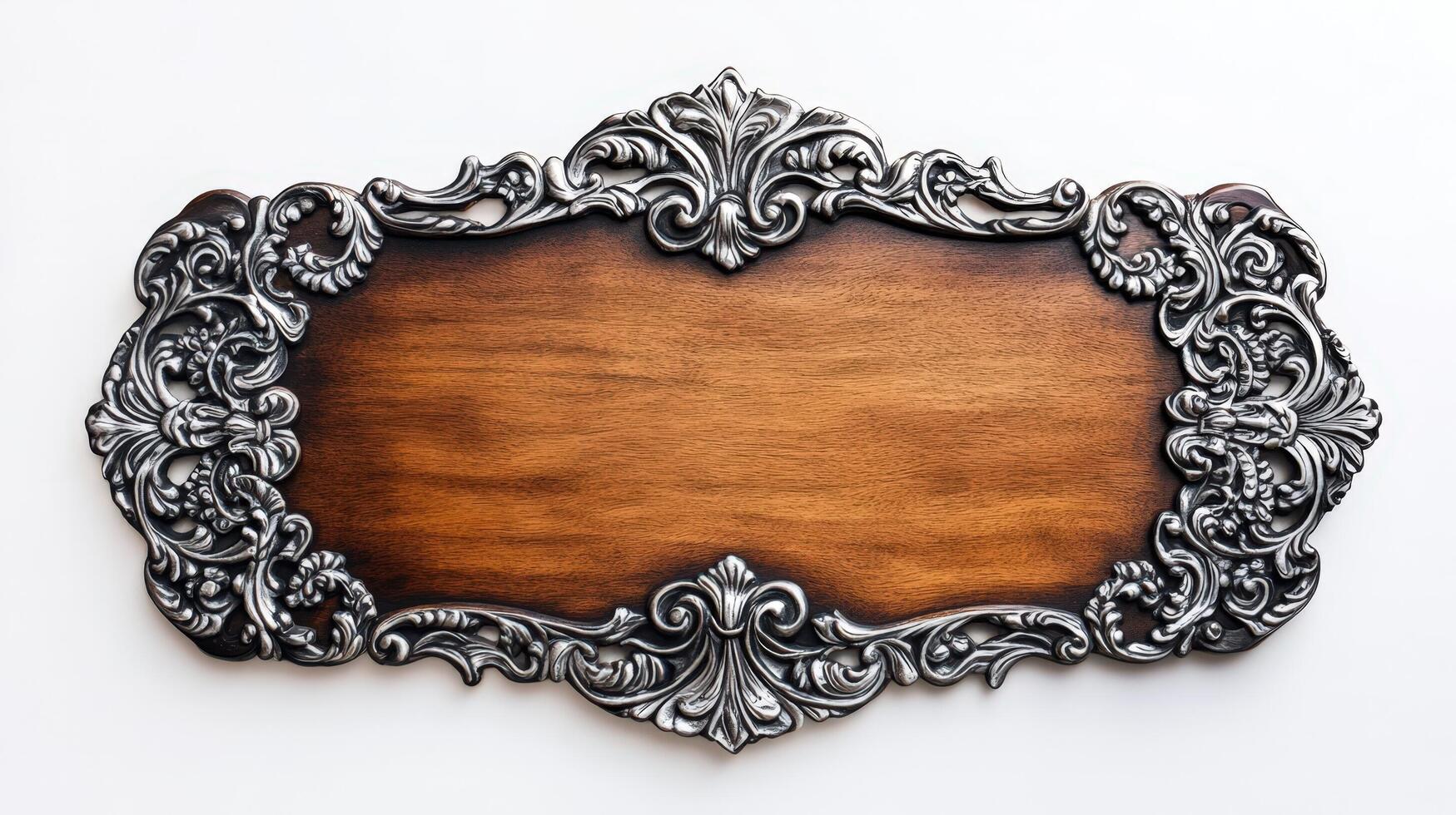 An ornate wooden plaque on a white background photo