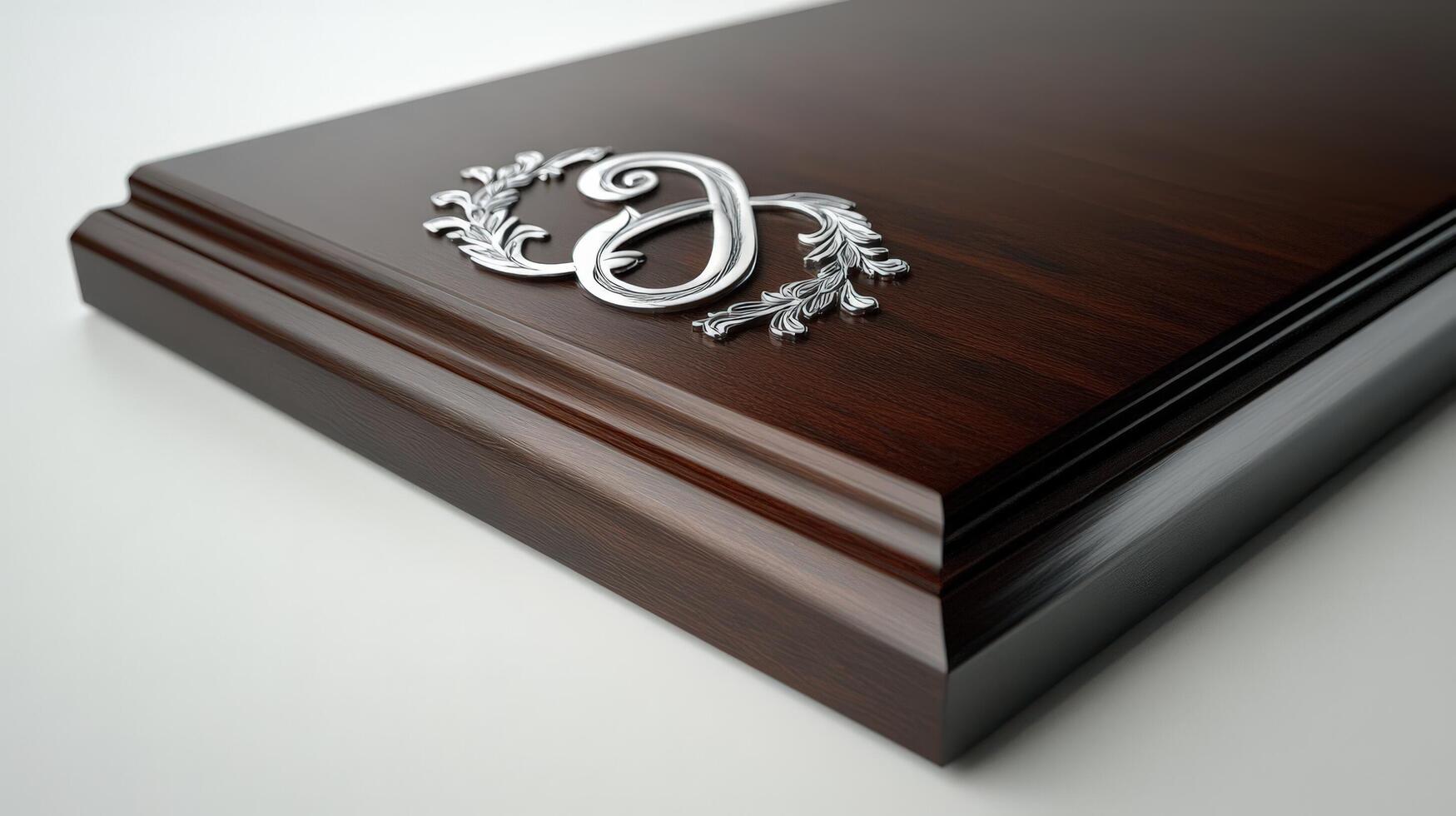 A wooden casket with a silver monogram on it photo