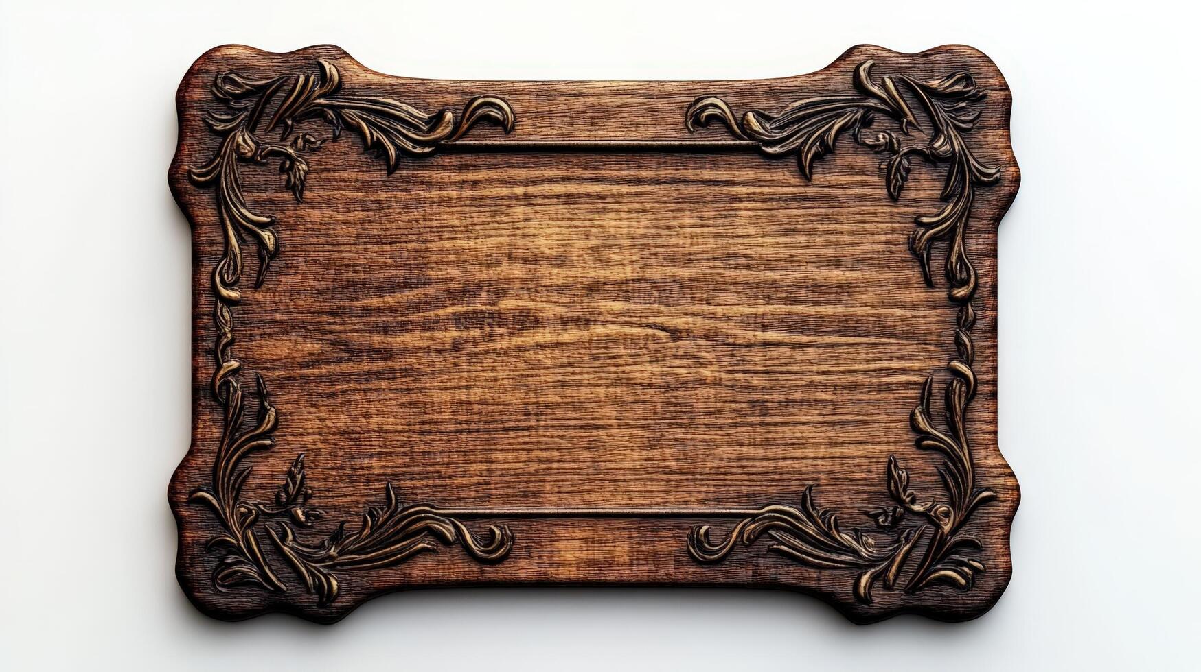 Wooden frame with ornate design on white background photo