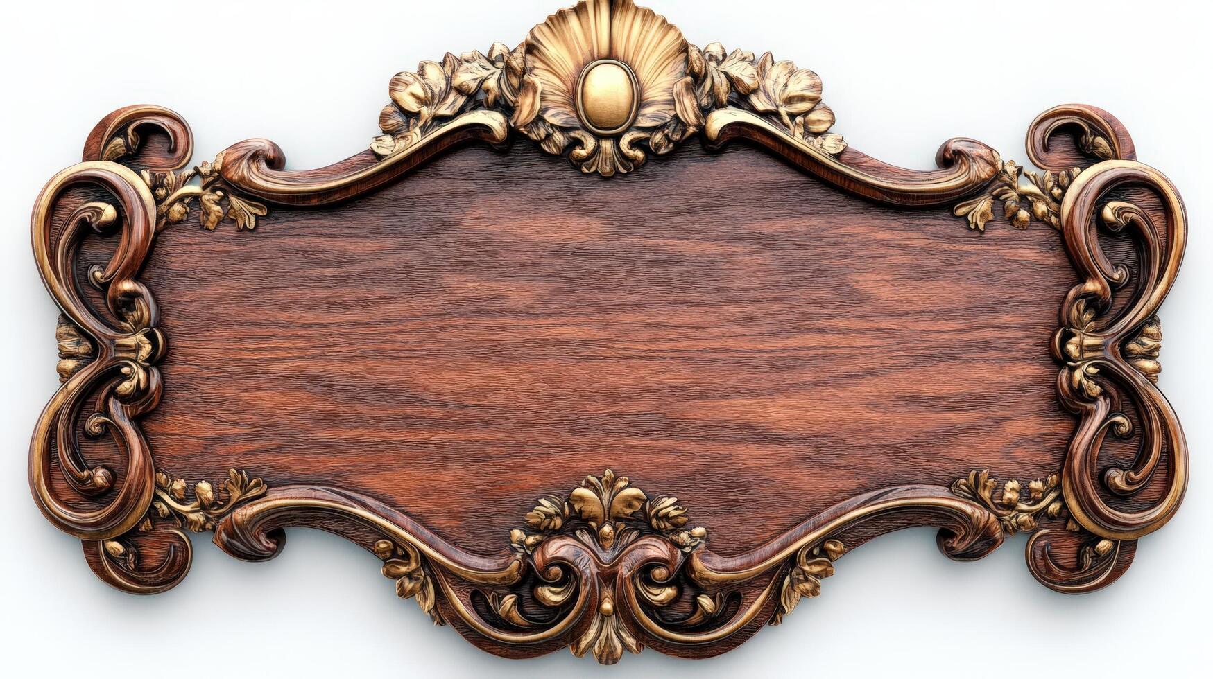 An ornate wooden sign with gold accents photo