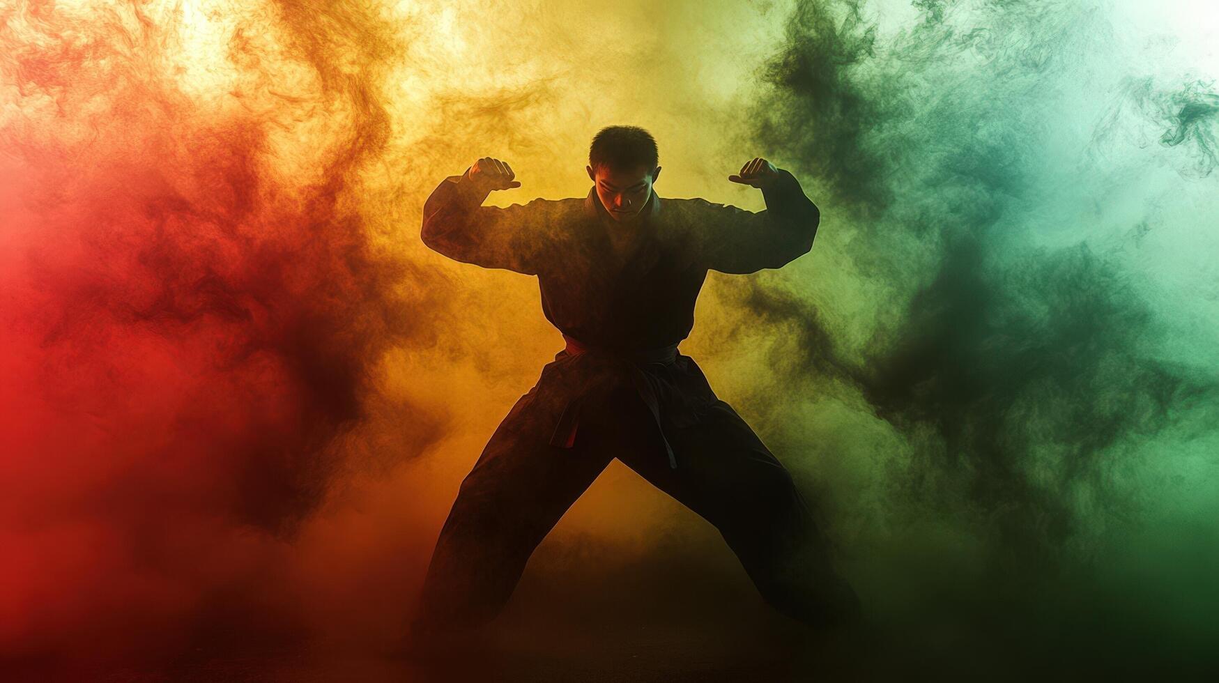 A man in a karate stance with smoke coming out of his hands photo