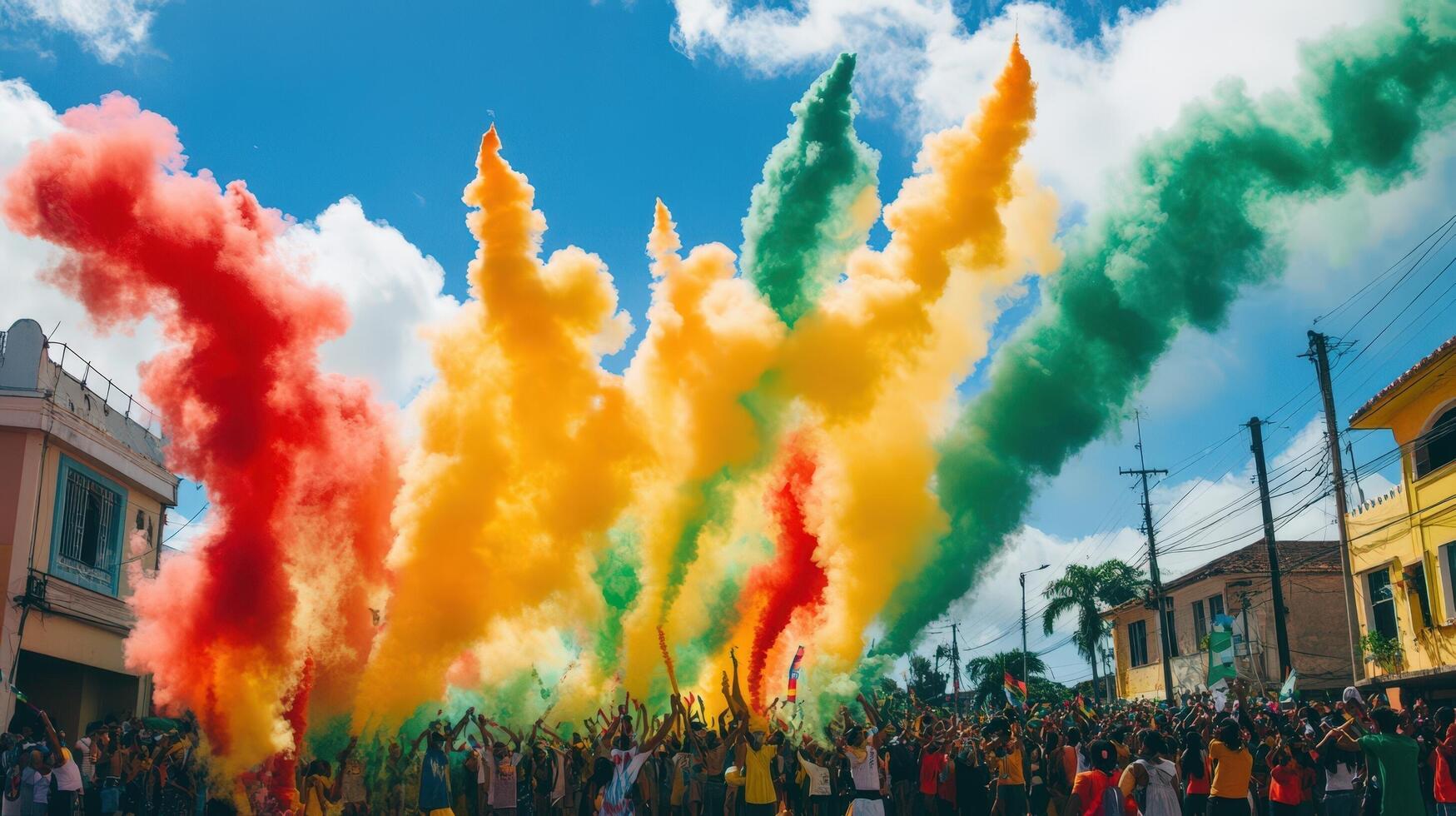 Colorful smoke bombs in the air during a parade photo