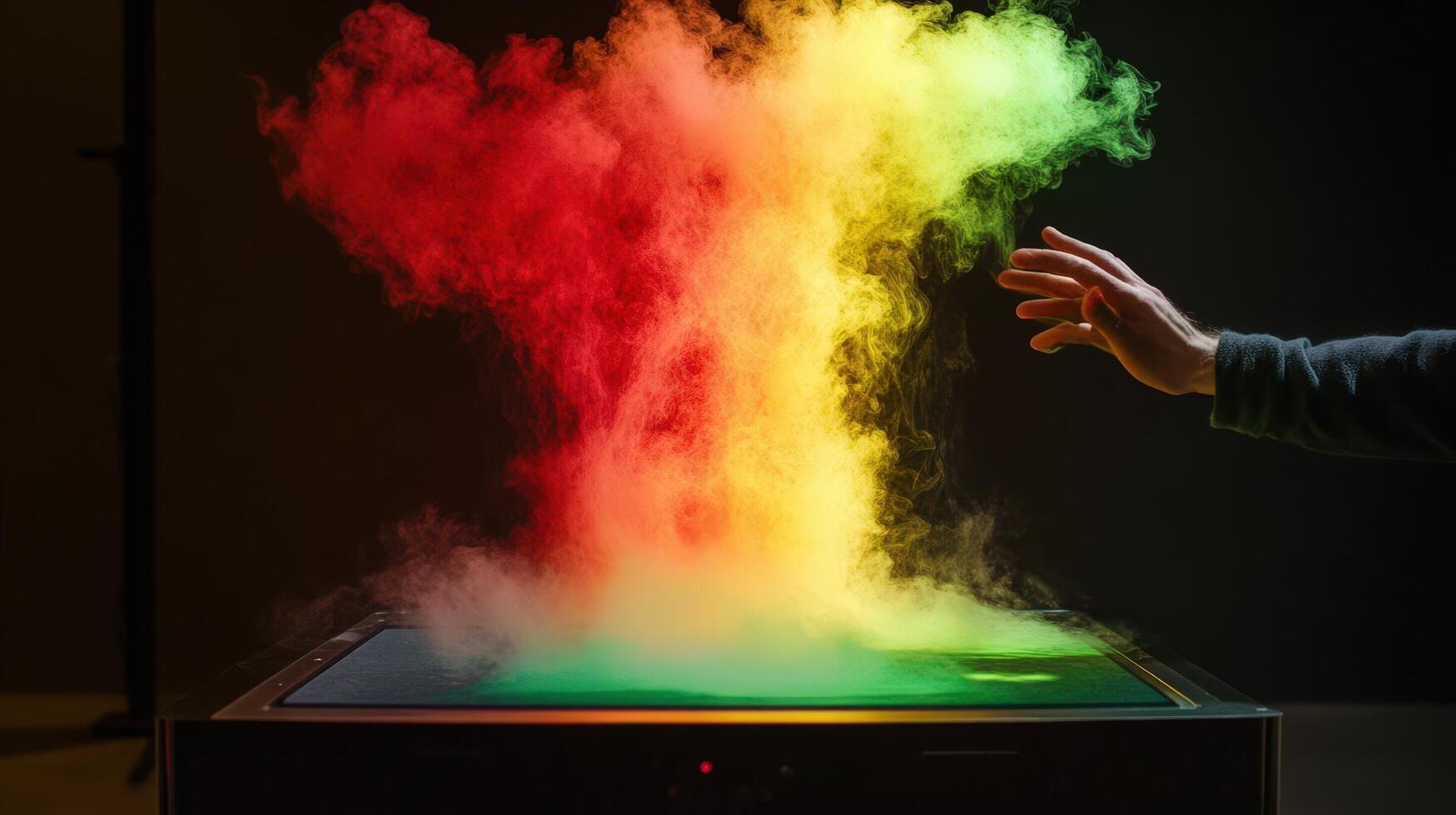 A person is touching a table with colored smoke photo