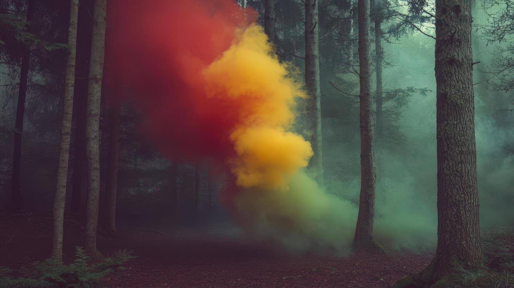 A colorful smoke cloud in the middle of a forest photo
